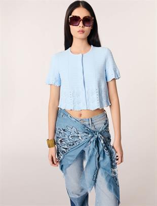 İnci İşlemeli Kısa Mavi Hırka