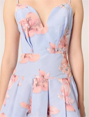 Kalp yaka floral desenli mini elbise