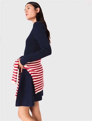 Lacivert Etek Ucu Volanlı Mini Triko Elbise