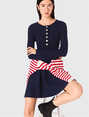 Lacivert Etek Ucu Volanlı Mini Triko Elbise