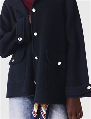 Lacivert Kapüşonlu Altın Düğmeli Yün Kaban