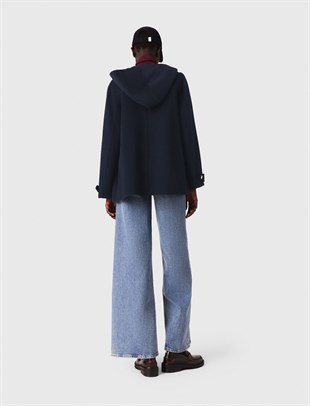 Lacivert Kapüşonlu Altın Düğmeli Yün Kaban