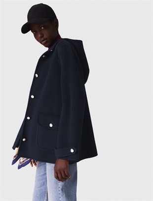 Lacivert Kapüşonlu Altın Düğmeli Yün Kaban