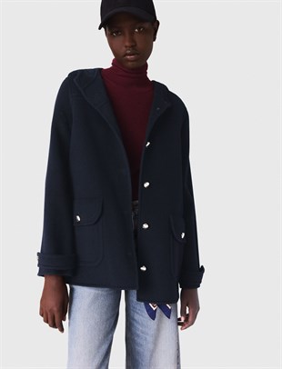 Lacivert Kapüşonlu Altın Düğmeli Yün Kaban