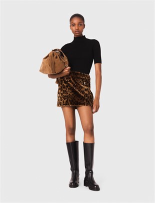 Leopar Desenli Mini Suni Kürk Etek
