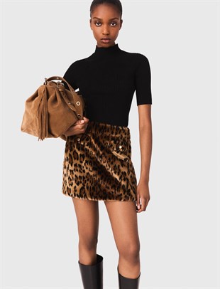 Leopar Desenli Mini Suni Kürk Etek