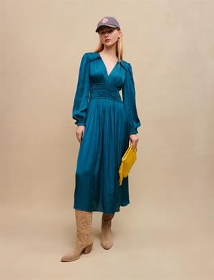 Mavi Volanlı Saten Midi Elbise