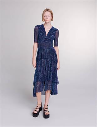 Metalik Mavi Volanlı Elbise