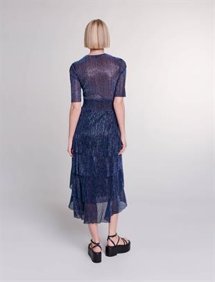 Metalik Mavi Volanlı Elbise