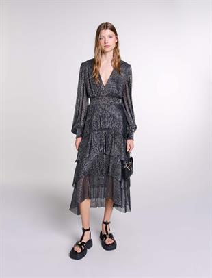 Metalik Siyah Volanlı Uzun Elbise