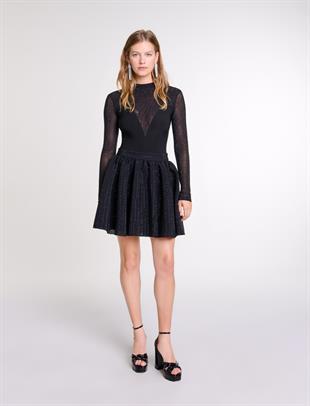 Parlak Taşlı Pileli Siyah Mini Etek