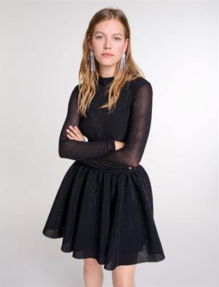 Parlak Taşlı Pileli Siyah Mini Etek