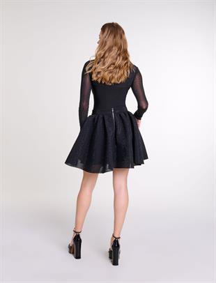 Parlak Taşlı Pileli Siyah Mini Etek