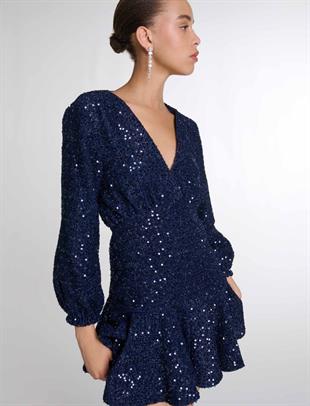 Payetli Drapeli Mini Elbise