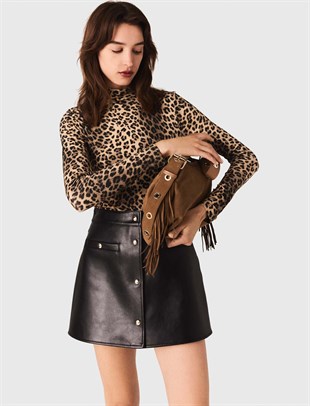 Sedef Düğmeli Mini Deri Etek