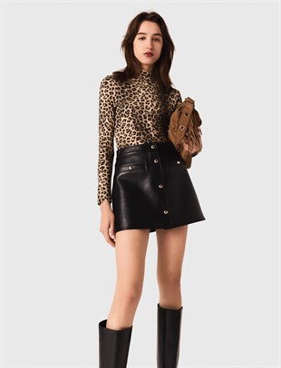 Sedef Düğmeli Mini Deri Etek