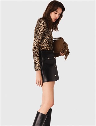 Sedef Düğmeli Mini Deri Etek