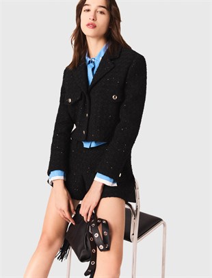 Siyah Boncuk İşlemeli Crop Tüvit Ceket