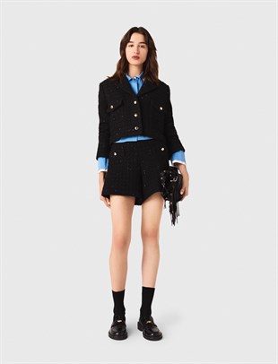 Siyah Boncuk İşlemeli Crop Tüvit Ceket