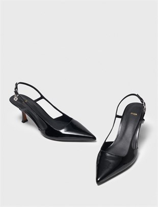 Siyah Deri Rugan Topuklu Ayakkabı