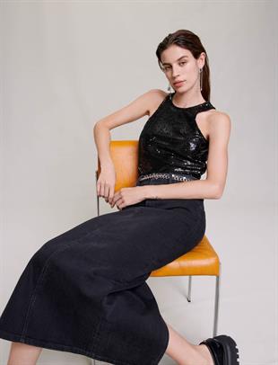 Siyah Payetli Halter Yaka Üst