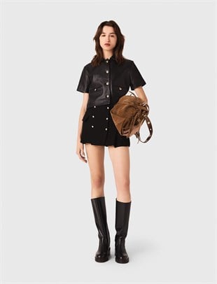 Siyah Sedef Düğmeli Askeri Stil Mini Etek