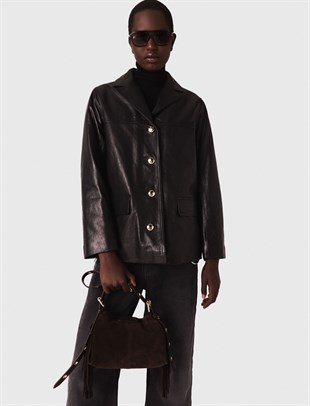 Siyah Sedef Düğmeli Deri Blazer Ceket