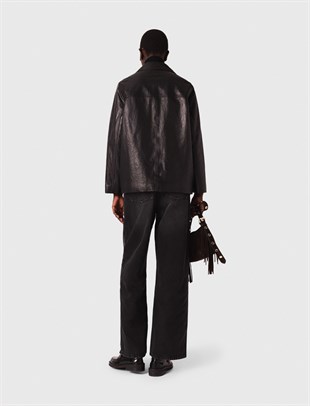 Siyah Sedef Düğmeli Deri Blazer Ceket