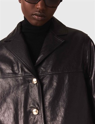 Siyah Sedef Düğmeli Deri Blazer Ceket