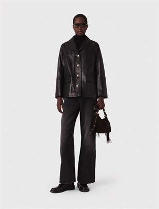 Siyah Sedef Düğmeli Deri Blazer Ceket