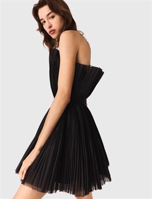 Siyah Straplez Pileli Mini Elbise