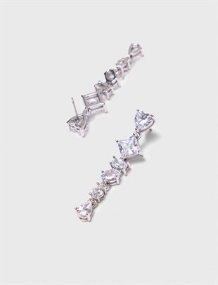 Taş Detaylı Silver Uzun Küpe