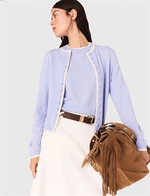 Taş İşlemeli Mavi Yün Hırka