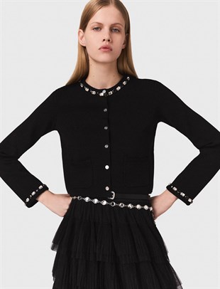 Taş Yaka Detaylı Siyah Hırka