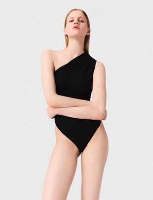 Tek Omuzlu Siyah Bodysuit