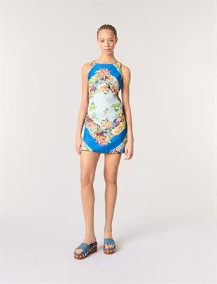 Tropikal Desenli Sırt Dekolteli Mini Elbise