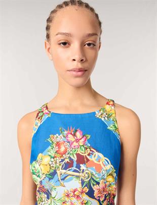 Tropikal Desenli Sırt Dekolteli Mini Elbise