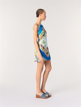 Tropikal Desenli Sırt Dekolteli Mini Elbise