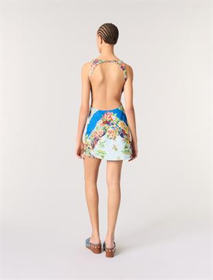 Tropikal Desenli Sırt Dekolteli Mini Elbise