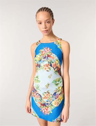 Tropikal Desenli Sırt Dekolteli Mini Elbise