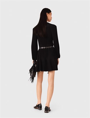 Uzun Kollu Siyah Pileli Mini Elbise