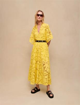 V Yaka Dantel Uzun Elbise