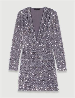 V Yaka Payetli Kadife Mini Elbise