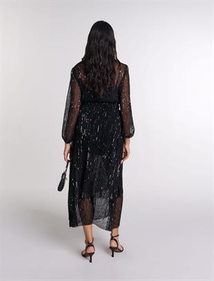 V Yaka Payetli Uzun Elbise