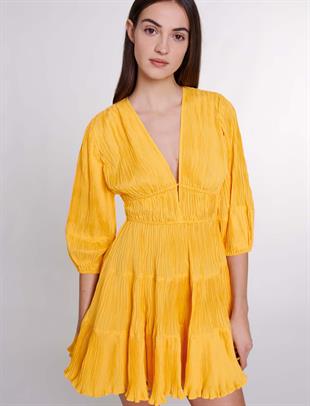 V Yaka Sarı Mini Elbise