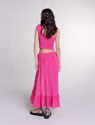 Volan Detaylı Pembe Uzun Etek