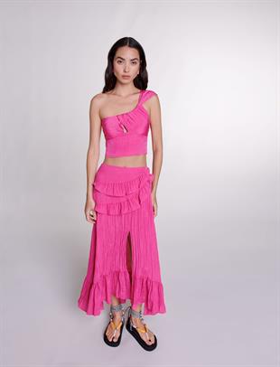 Volan Detaylı Pembe Uzun Etek