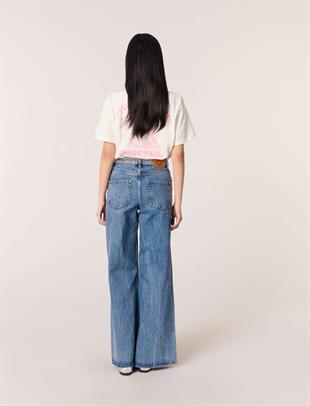 Zımba işlemeli geniş kesim jean pantolon