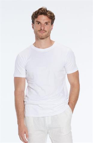 Beyaz Bisiklet Yaka Pamuk T-shirt