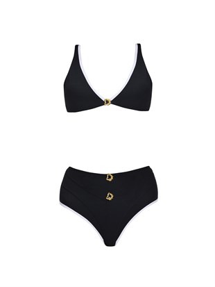 Beyaz Biyeli Siyah Bikini Üstü